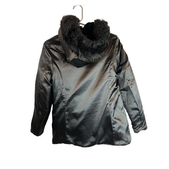 Susan Graver Black Reversible Coat Jacket Faux Fur Satin Hood S Small - Picture 6 of 13